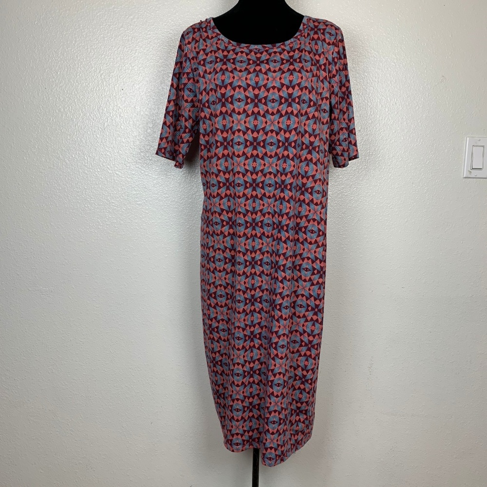 LulaRoe Julia Red‎ Blue Geometric Print Dress